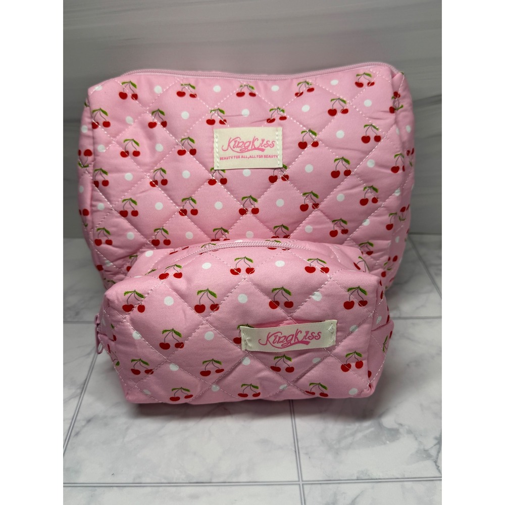 Kingkiss Pink Cherry Quilted Makeup Bag Set 2 Piece Travel Cosmetic Pouches NEW